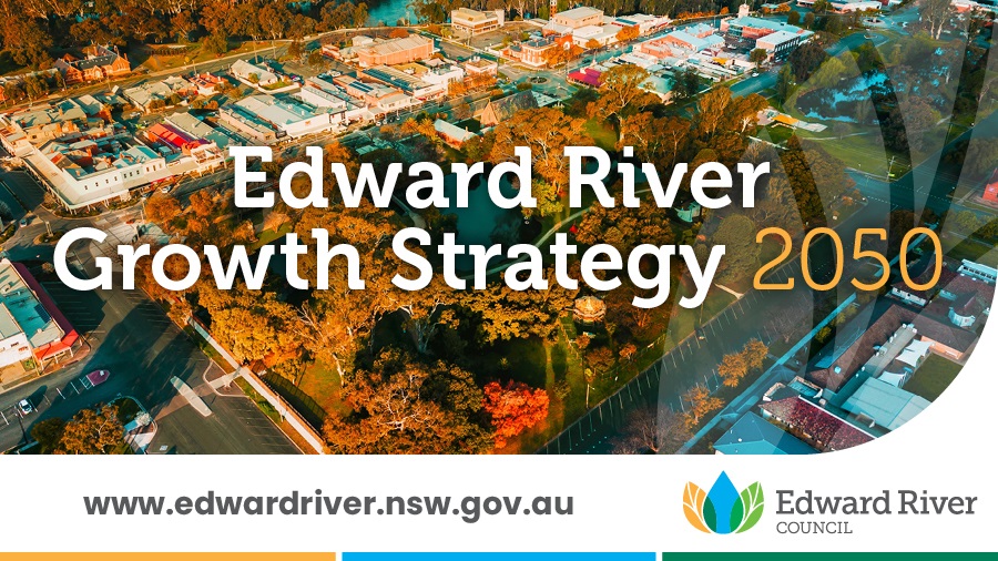 aerial image of Deniliquin CBD with Edward River Growth Strategy 2050 words